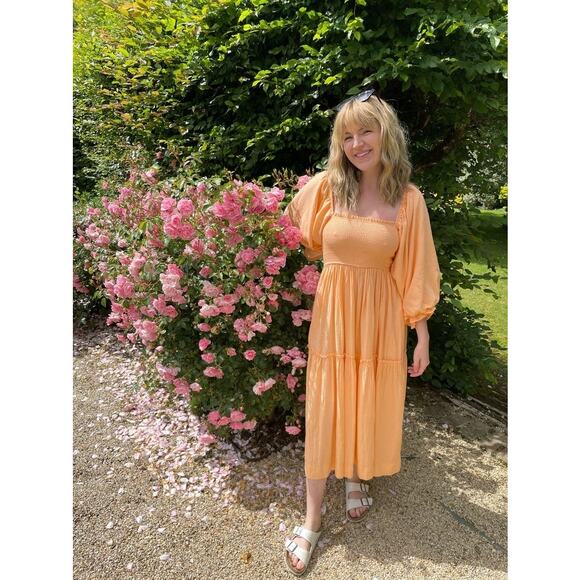 LOUNA Orange Square Neckline Puff Sleeves Chic Flowy Midi Dress size Medium - Picture 1 of 13